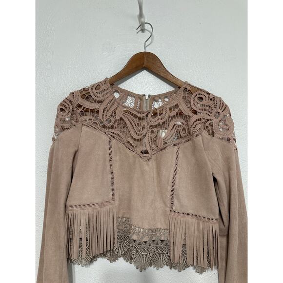 J.O.A Faux Suede Lace Fringe Crop Top M Petal Pink Soft Country Western Festival - Picture 5 of 13